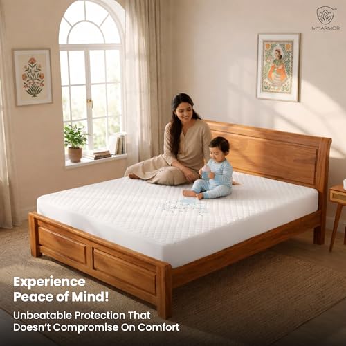 Image of My Armor Mattress Protector King Size | Waterproof Cotton Quilted Bed Protector King Size, 78x72 Inch | Breathable Noiseless Ultra Soft Fitted Cover with Elastic Skirting, 6.5x6 ft, White