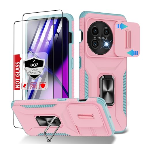 Jshru for OnePlus 11 Case with Sliding Camera Cover+2PCS Screen Protector, Shockproof Military Grade [360° Rotation Ring Stand] Non-Slip Rugged Protective Case for OnePlus 11 5G, Pink