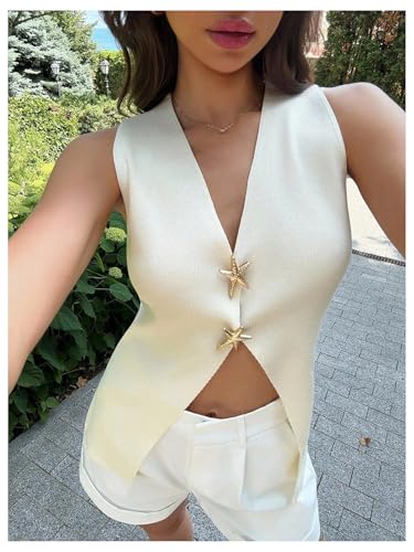MakeMeChic Women's Sleeveless Starfish Metal Sweater Vest V Neck Split Knit Tank Top2