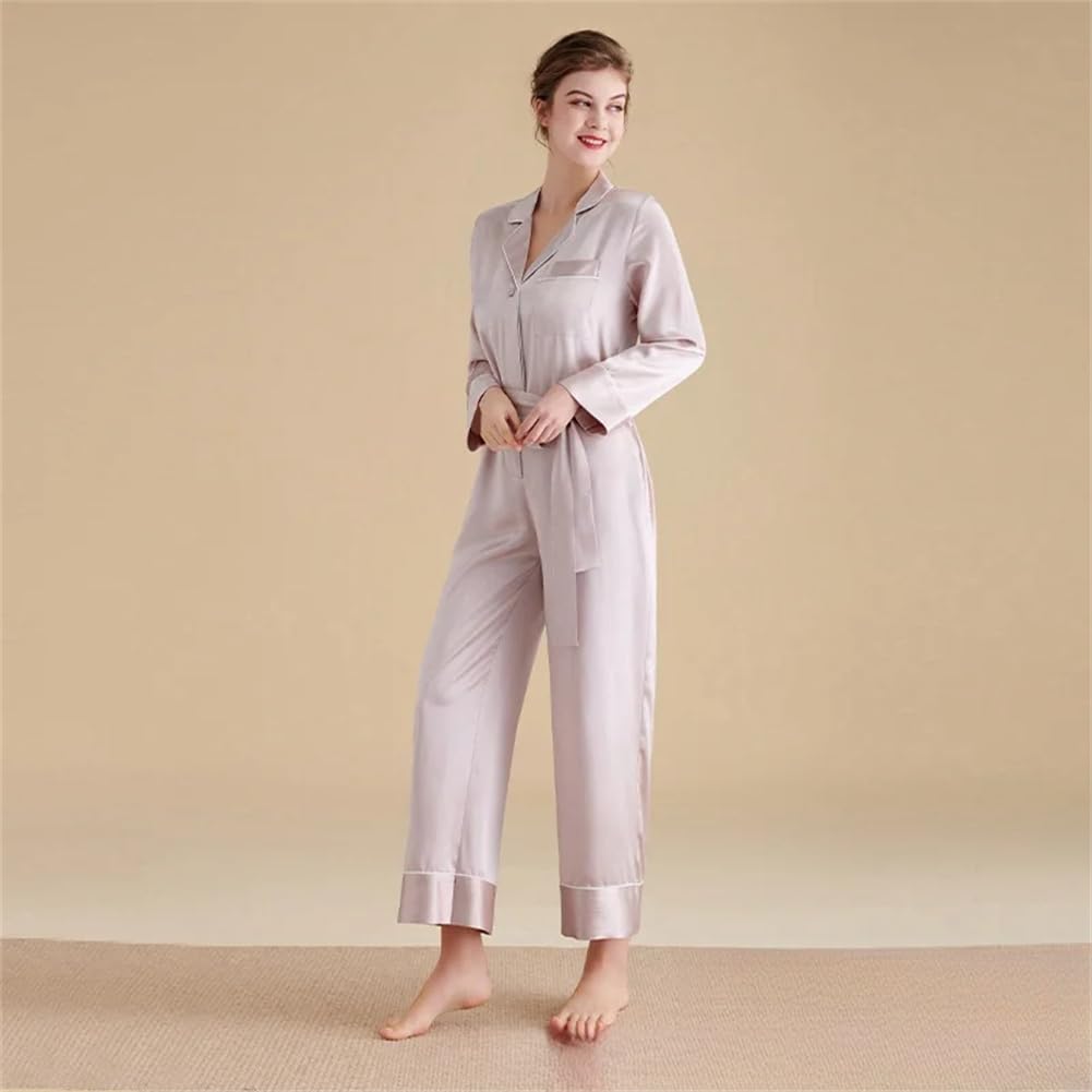 Damska piżama Onesie z jedwabiu 22 MM, swobodna, lekka, z długim rękawem, nocna, odzież domowa, granatowa-XXL,Navy Blue-XXL