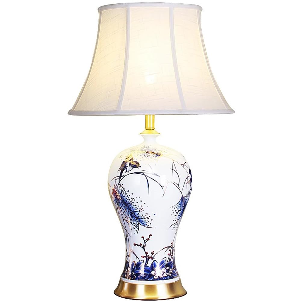 SANBDDLYY Antique White Ceramic Table Lamp - Chinese Design Bedside Bell Shape Fabric Shade for Bedroom & Living Room