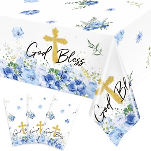 Image of Ganeen 3 Pcs Baptism Tablecloth First Holy Communion Tablecloth Blue Boy God Bless Disposable Plastic Waterproof Cross Table Covers for Christening Baby Shower Religious Decor, 54 x 108 Inch