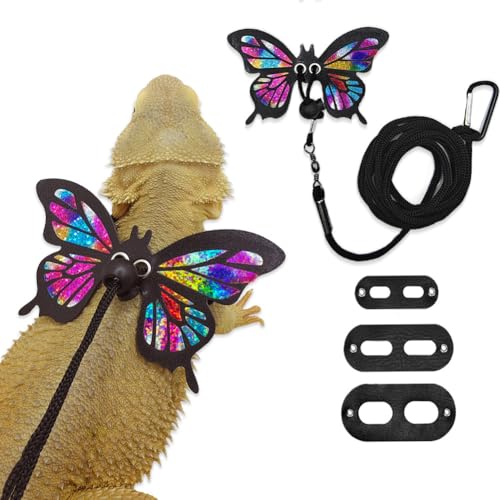 Bearded Dragon Harness Leash Set Adjustable 3PC Leather Vest Butterfly Wings Harness Lizard Outdoor Walking Control Rope for Iguana Gecko Chameleon Hamster Ferret (Rainbow)