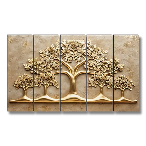 Image of Livin'luxe Golden Tree of Life Wall Art | 5 Panel Textured Wall Art Painting | Luxury Gold Embossed Family Tree Design for Living Room, Hallway, Office, Housewarming Gift (50 x 30 Inch) XL-35439