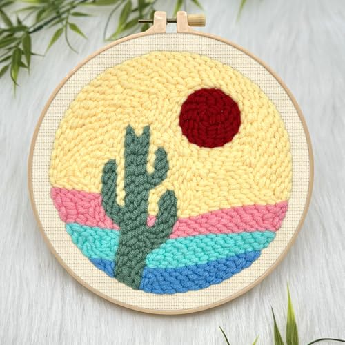 Image of ERKOON Punch Needle Kit Adults Beginners, 2 Pcs DIY Easy Landscape Embroidery Set for Starter Art Craft, Needling Punching Project with Patterns, Tools, Yarns, Hoop, Instruction (Desert & Afterglow)