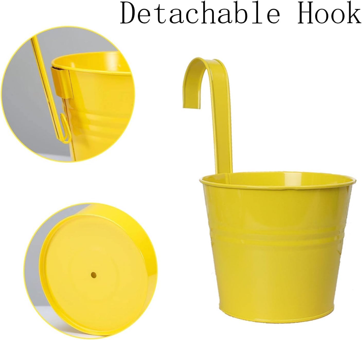 Wensmy 4pcs Metal Hanging Flower Pots With Drainage Hole Balcony Flower Bucket Wall Planter Garden Planters with Detachable Hook for Balcony Fence Decor (Yellow) - Image 3