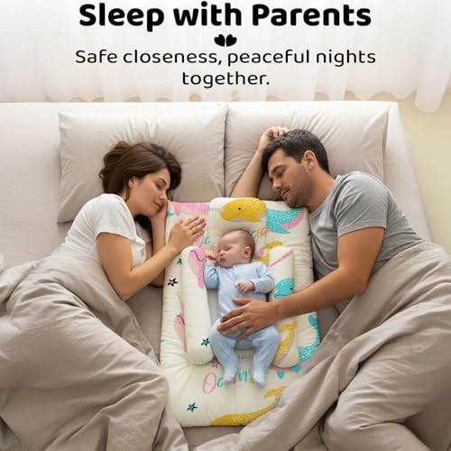 Image of StarAndDaisy Newborn Baby Bedding Nest Cushioned Mattress Sheet with 2 Side Bolster Pillows & 1 Head Pillow Breathable & Soft Boys & Girl Design.