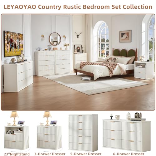 Image of LEYAOYAO Fluted 5 Drawers Dresser Set of 2, 41 inch Tall Modern Chest of Drawers with Metal Handle, Curved Profile Dresser TV Stand, Wooden Drawer Organizer for Bedroom, Living Room, Hallway,Antique White