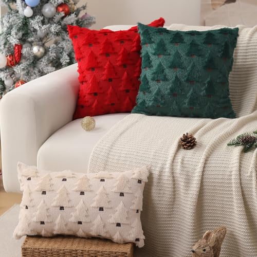 Image of Allorry Christmas Pillow Covers 20x20 inch Set of 2 Christmas Decorations Soft Plush Faux Fur Wool Red Christmas Tree Throw Pillow Cases Winter Holiday Decor for Sofa Living Room PT002B20