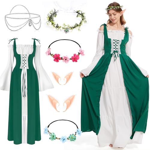 Aragallant Vestido Medieval para Mujer, Vestido de Disfraz Renacentista, Disfraz Medieval Con Orejas de Elfo y Cabeza, Disfraz Medieval Renacentista Mujer para Cosplay de Halloween (Verde, L)