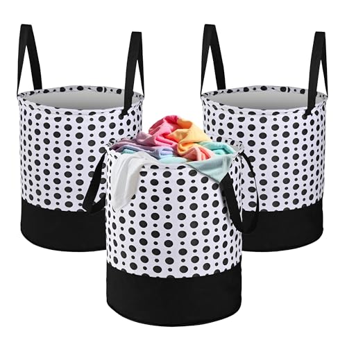 Image of Urbane Home Pack of 3 Foldable Dirty Clothes 45L Laundry Basket With Handles | Baby Unwashed Dress Bin /Storage Box | Polka Dots -Black & White
