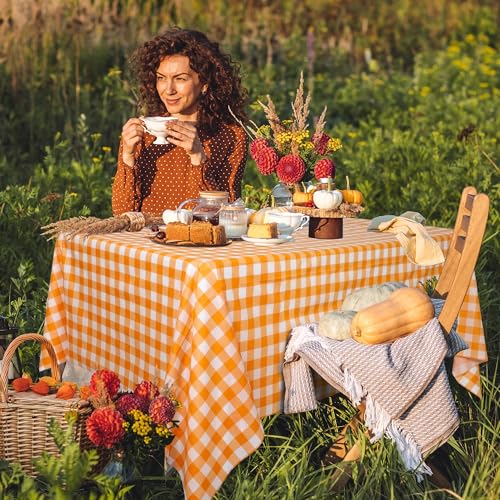Image of Kochorie 54 Inch x 300 Ft Orange Checkered Plastic Table Cloth Roll Disposable Waterproof Plastic Cover Roll with Easy Slide Cutter for Outdoor Picnic /Home Dining /Fall Thanksgiving Party Decoration