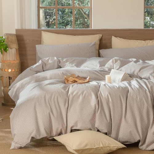 Image of MooMee Striped Duvet Cover Set 100% Washed Cotton Linen Like King | Relaxed Linen-like Texture. Soft, Breathable & Long-lasting Comfort. Lightweight. Hidden Zipper with 8 Interior Corner Ties