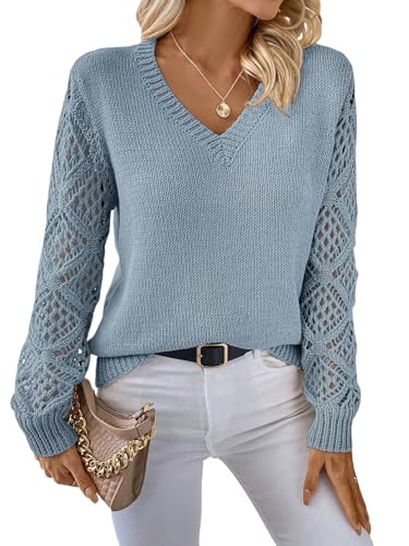 Image of BEAUDRM Women's Hollow Out Sweater V Neck Long Sleeve Knit Pullovers Top Blue Small