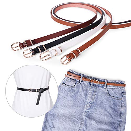 Sansths Set Of 4 Womens Thin Belts Skinny Leather Belt With Gold Alloy Buckle (Black Brown Coffee White, S) ?- #TOP3