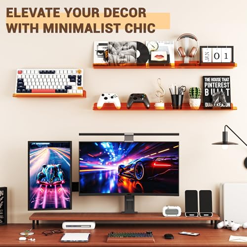 Image of Qukaka Floating Shelves for Wall Decor, 15 inch Wall Shelves for Bedroom, Living Room, Kitchen, Bathroom Decor, Nail Polish /Book /Decoration /Makeup /Perfume Organizer Floating Shelf-3Pack Clear Orange