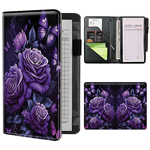 Server Books for Waitress Waiter with Zipper Pocket, Purple Rose Butterfly Leather Server Pads Waitstaff Organizer Guest Check Presenters Server Wallet Money Holder Pouch Fit Apron