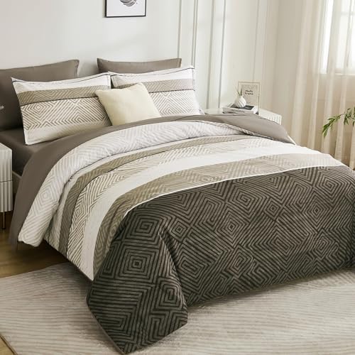 Brown Comforter Set King Size 7 Piece Bed in a Bag Striped Bedding Set