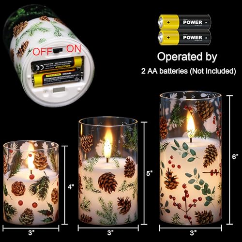 Image of Christmas Flameless Candles with Pinecone Decals, 3 Pcs Glass LED Battery Operated Candles with Remote Timer and 3D Flickering Flame for Christmas Holiday Home Decor(Set of 3, D3 inch x 4 inch5 inch6 inch)