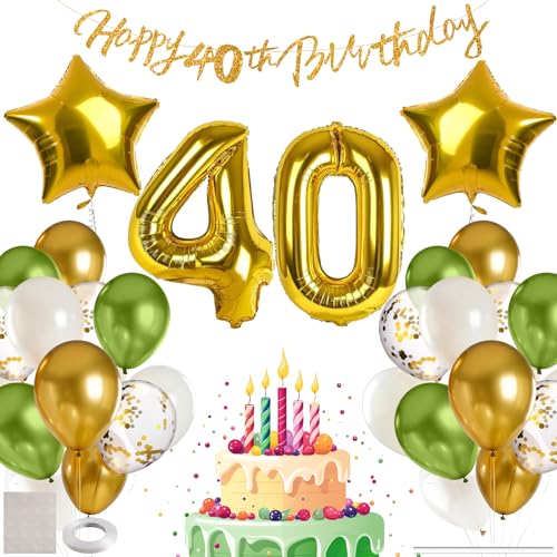 MIEWAA Globos 40 Cumpleaños Hombre, Adornos Fiesta Decoracion 40 Años Cumpleaños Mujer con Banner HAPPY BIRTHDAY, Número 40 Grande y Globo Foil Estrella, Globos Latex y Confetti, Verde Dorado Blanco