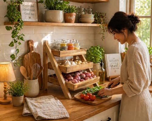 Image of Solid Wood 3-Tier Kitchen Organizer | Acacia Wood Vegetable & Fruit Storage Rack | Onion Potato Basket Stand | Pre-Assembled