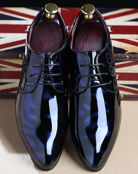Image of Men Fashion Dress Business Shoe Pointed Toe Floral Patent Leather Lace Up Oxford Black Brown Red Grey