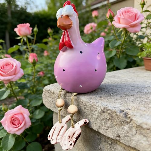 HIULLEN Keramik Huhn Gartendeko Huhn Deko Garten Handarbeit Gartenstecker Hahn Gartenstatue Henne Hühner Gartenfigur Harz Gartendekoration für Terrasse Garten (Rosa)