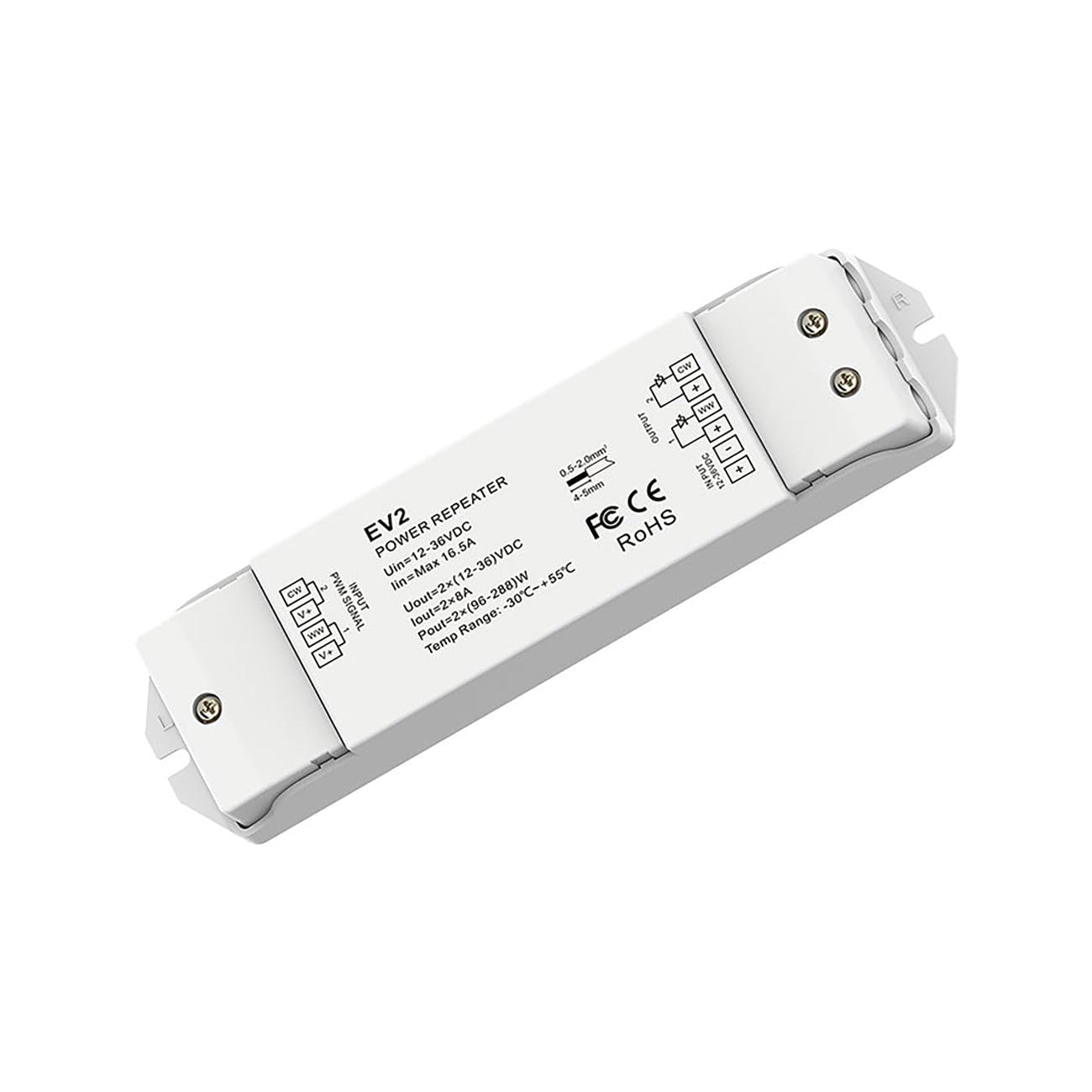 2CH*8A 12-36V DC CV Power Repeater, LED Amplifier for Single Colour/CCT LED Strip Lights