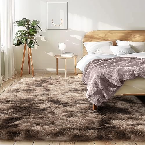 8x10 Shag Area Rug - Fluffy Fuzzy Nursery Kids Girls Room Rug - Soft Plush Furry Bedside Carpet- Tie-Dyed Brown