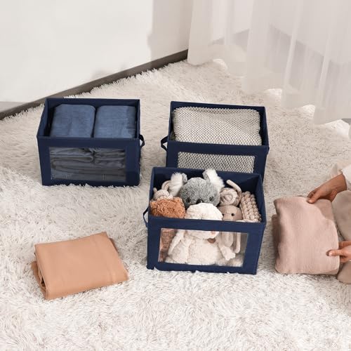 Image of Homsorout Foldable Storage Boxes with Clear Window - Clothes Organizers and Storage, Decorative Bins with Lid, Fabric Storage Cube, Storage Baskets for shelves, Yarn, Home, Navy blue, 3 Pack