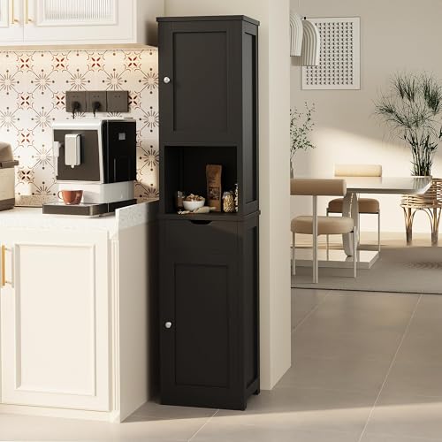 Shintenchi Tall Bathroom Storage Cabinet, Slim Corner Floor Cabinet with Doors and Drawer, Freestanding Narrow Bathroom Organizer with Adjustable Shelves for Small Space, Black