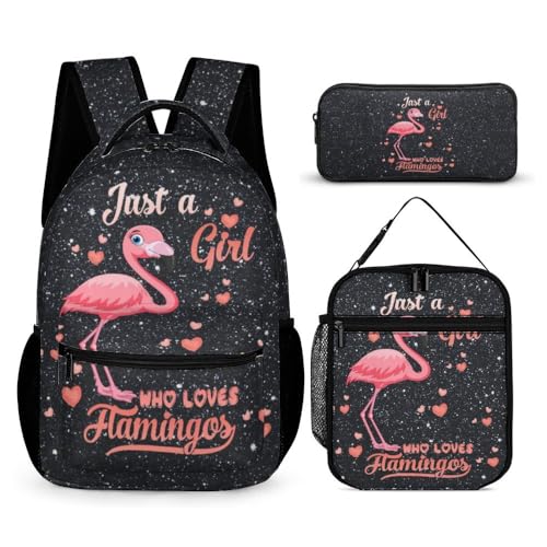 CaomeiWu Mochila escolar de flamencos para niños y niñas, mochila escolar de flamencos de 16 pulgadas, mochila escolar para estudiantes y niños, Mochila Flamingo 1 con bolsa de almuerzo para lápices