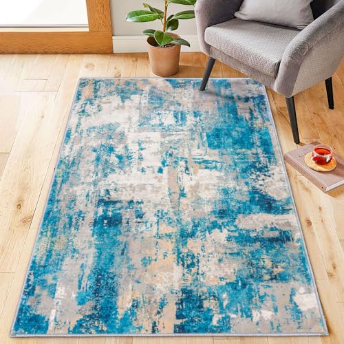 KOZYFLY Modern Abstract 3x5 Area Rug Washable Bedroom Rug Throw Entry Mat Non-Slip Stain Resistant Carpet Dining Room Rug with Soft Low Pile for Living Room Kitchen Bath Office, Turquoise/Beige/Grey