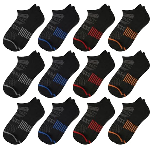 Comfoex 12 Pairs Boys Running Ankle Socks For Kids 4-6 6-8 8-10 10-12 Years Old Low Cut Athletic Breathable Cotton Socks