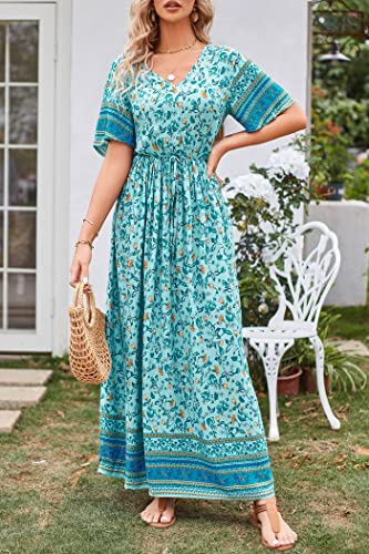 Image of PRETTYGARDEN Women's Casual Summer Boho Floral Print Dress V Neck Short Sleeve High Waist Long Maxi Beach Dresses