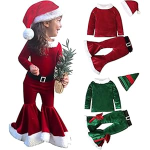 Toddler Girls Christmas Santa Claus Costume Set 3Pcs Long Sleeve Tops Bell Bottom Velvet Pants Cosplay Outfits, A-red, 2-3Year (YYNN-3)