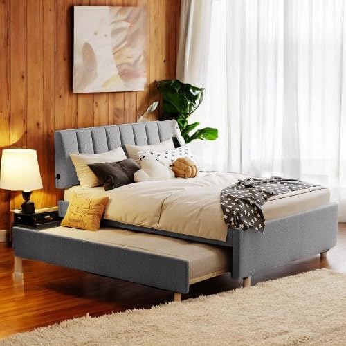 Amazon.com: PVWIIK Upholstered Full Platform Bed with Trundle & Storage ...