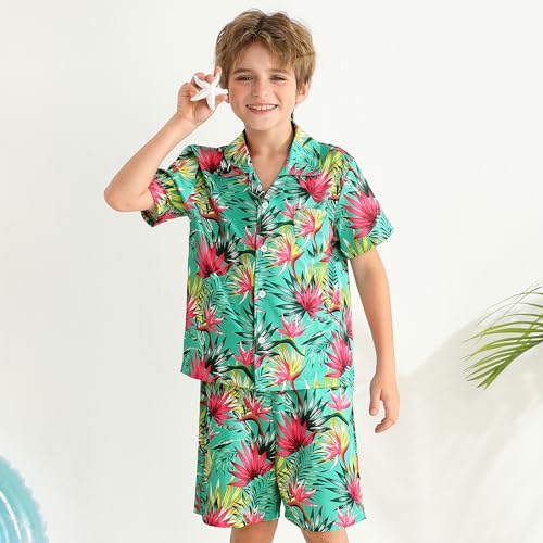 Image of Weixinbuy Boys Summer Outfits Short Sleeve Hawaiian Shirt and Shorts Vacation Set for Kids Summer Clothes Set