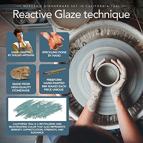 Potter's Corner By Maison Neuve 16-Piece Dinnerware Set Service For 4 - Hand Crafted Bowls And Plates Set W/Mugs, Stoneware Dinnerware Set, Microwave & Dishwasher Safe Plate Set-California Teal #TOP4