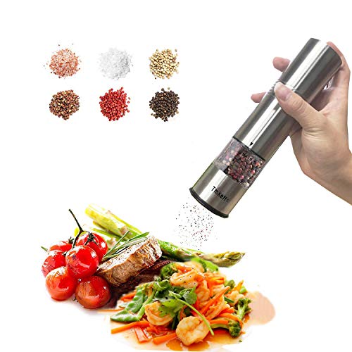 Electric Pepper Mill Set Battery Operated Salt Grinder Stainless Steel Spices Seasoning Shaker, Adjustable Coarseness, Corrosive Ceramic Rotors, LED Light, Transparent Container Design (Pack of 2)