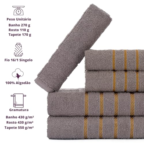 Jogo 5pçs 2 Banho + 2 Rosto + 1 Tapete Antiderrapante P/Banheiro 100% Algodão Alta Absorção - Cinza