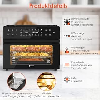 LLIVEKIT 30L Heißluftfritteuse XXL, Minibackofen Umluft mit 20 Programme und 9 Zubehör, Mini Backofen mit LED-Touchscreen, Airfryer Oven ohne Öl mit Sichtfenster, Zwei Kochmodi, Rezeptbuch, 80°C-230°C