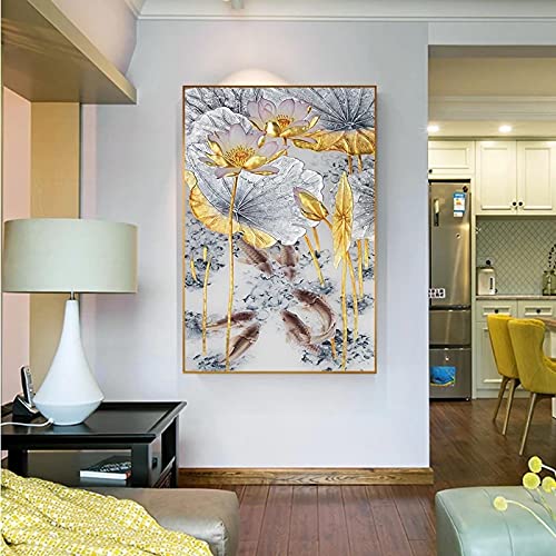 Toile Abstraite Poissons Lotus Dorés Solution Mur Vide Salon 70x100 - 4