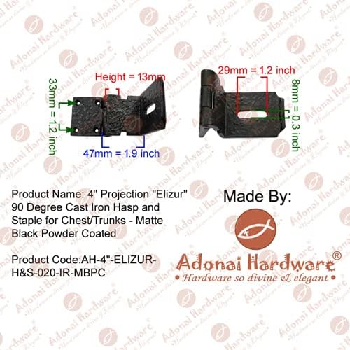 Adonai Hardware 4" Projection "Elizur" 90 Degree Cast Iron Hasp and Staple for Chest/Trunks - Matte Black Powder Coated