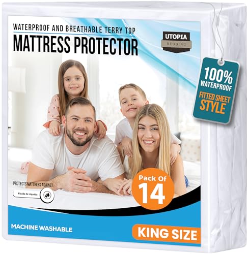 Image of King Size Mattress Protector Waterproof 14 Pack, Premium 200 GSM Terry Mattress Cover, Soft & Breathable Bed Cover, Fitted Sheet Style Stretchable Deep Pockets 17 inch by Utopia Bedding (White)