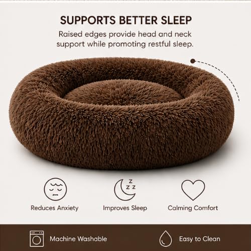 Image of Premium Small Dog & Cat Bed, Calming Plush Round Pet Bed with Raised Rim, Anti-Slip Base & Washable Design (Brown)