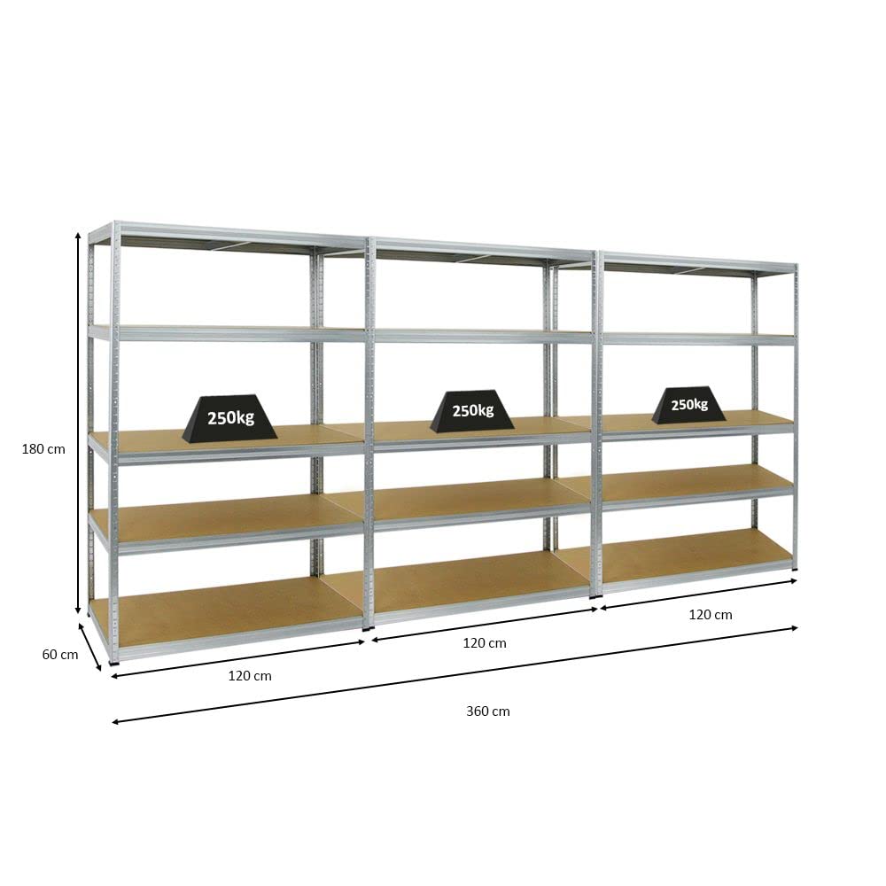 PROREGAL Mega Deal 3er-Set Schwerlastregale Big Elephant 180x120x60cm mit 5 Ebenen Fachlast 250kg Verzinkt