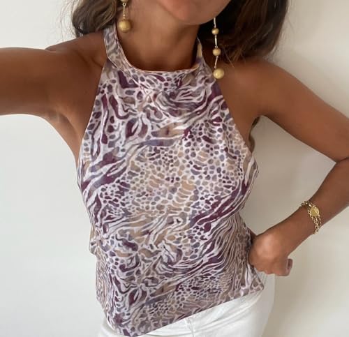 Juakoso Women Graphic Sleeveless Mock Neck Tank Top Backless Floral Print Halter Top Trendy Polka Dot Blouse Vacation Clothes2