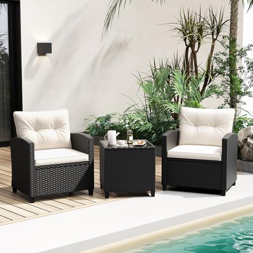 Image of Tangkula 3 Piece Patio Furniture Set, Rattan Conversation Set w /Soft Seat & Back Cushions, Tempered Glass Topped Coffee Table, Cushioned Wicker Seating Set for Backyard, Porch, Poolside (Off White)