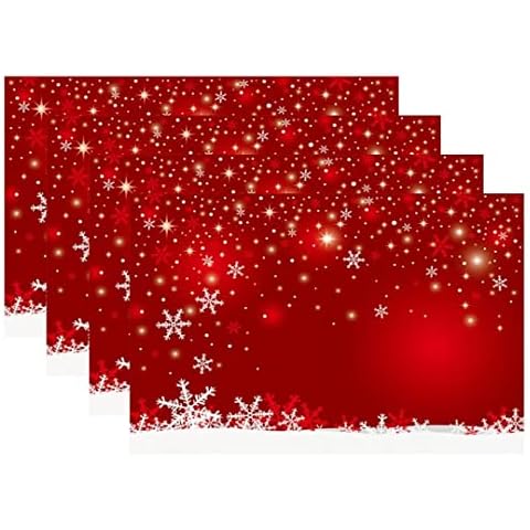 Christmas Placemats Set of 4, Xmas White Snowflake and Red Background Table Mat Placemat Heat Resistant Non Slip Line for Holiday Party Dining Table Kitchen Decor 18" x 12" Cover